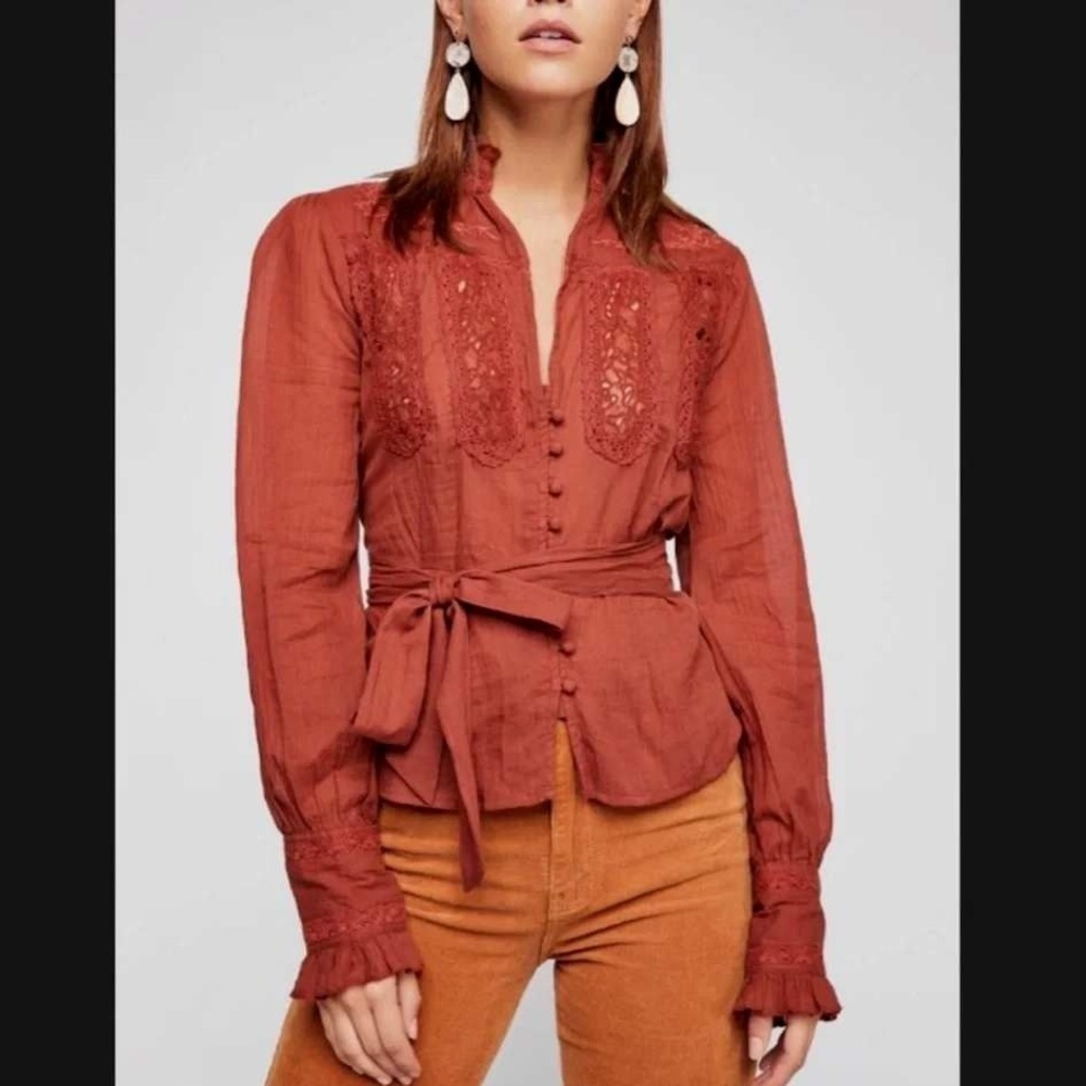 Free People Sweet Memories Embroidered Top Sz M Rust Lace Victorian Cottagecore